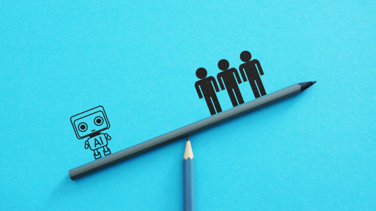 AI vs humans balance concept with artificial intelligence and people on scale, workforce comparison, automation impact, technology vs human labor, future of jobs and productivity