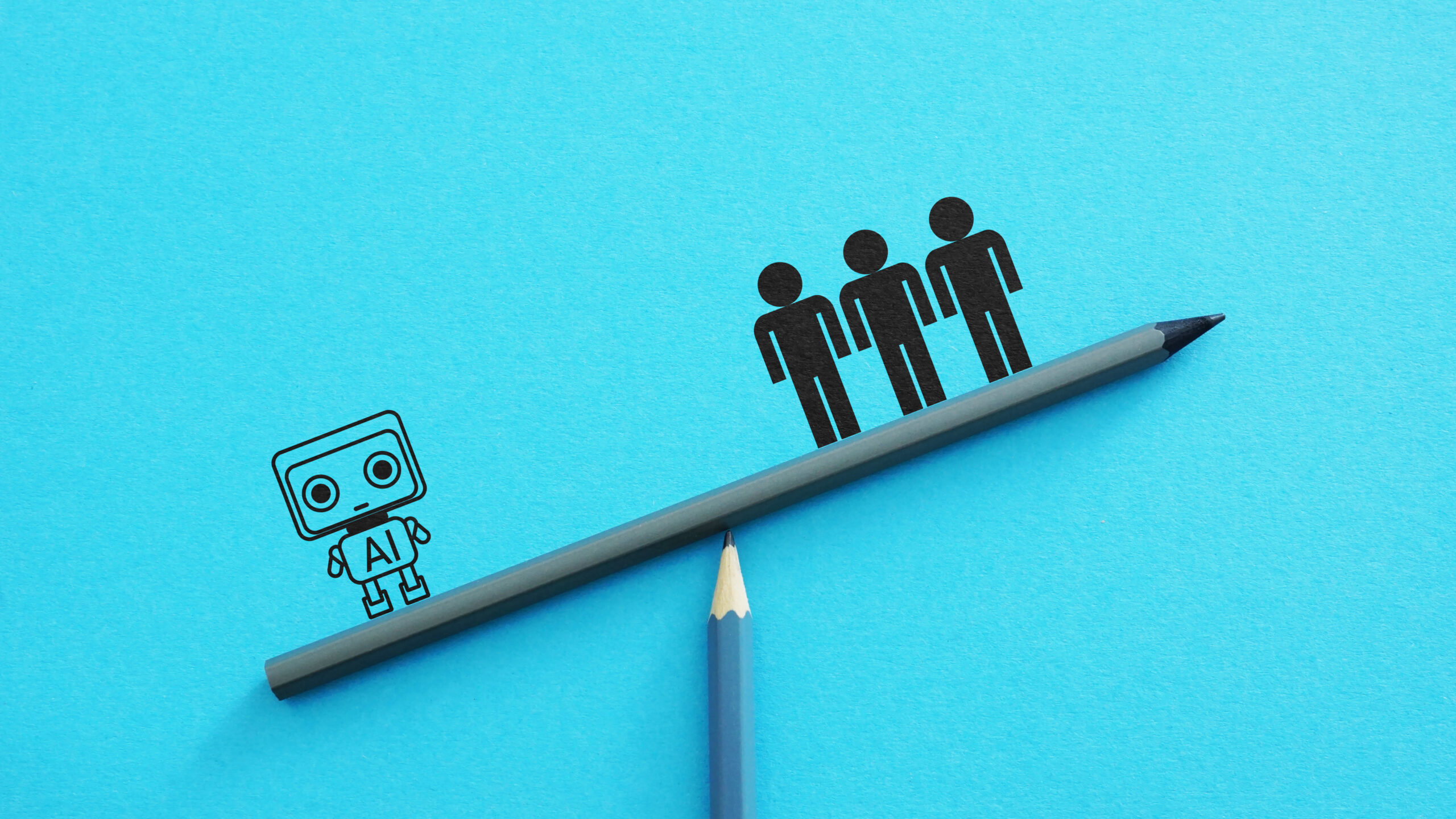 AI vs humans balance concept with artificial intelligence and people on scale, workforce comparison, automation impact, technology vs human labor, future of jobs and productivity