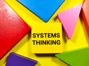 Business concept.Text SYSTEMS THINKING writing on colored tangram on a yellow background.