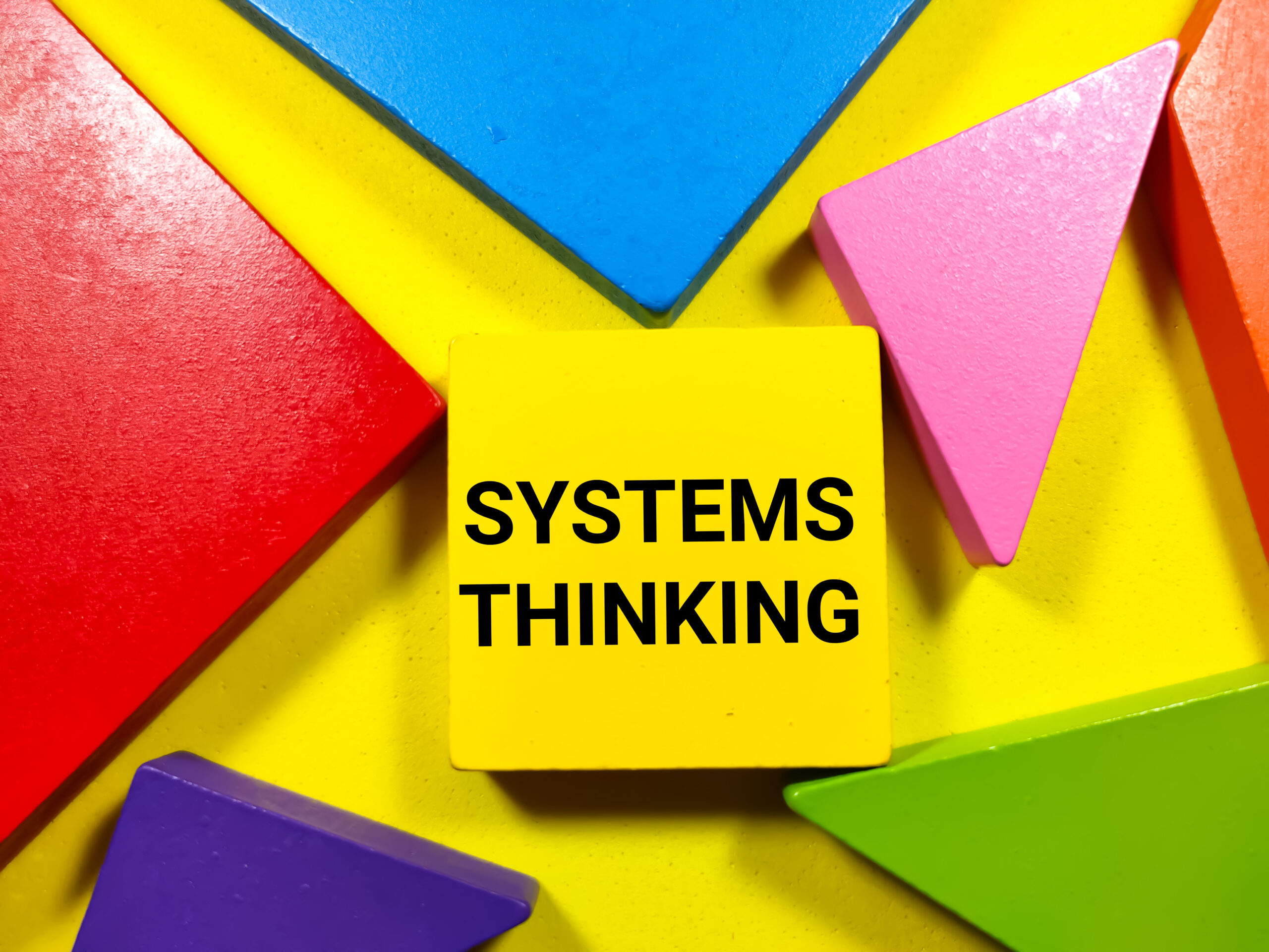 Business concept.Text SYSTEMS THINKING writing on colored tangram on a yellow background.
