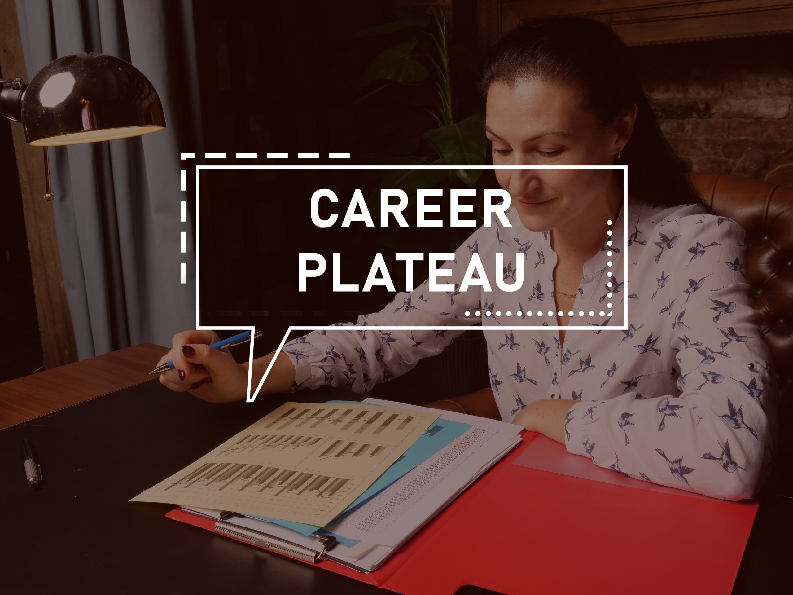 CAREER PLATEAU text in block of quotes. Businesswoman doing paperwork