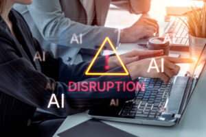 Disruption warning future of work, featuring AI agents replacing human jobs. Represents labor unemployment, corporate automation cost shift, and need for new career reskilling and upskilling. Corpus