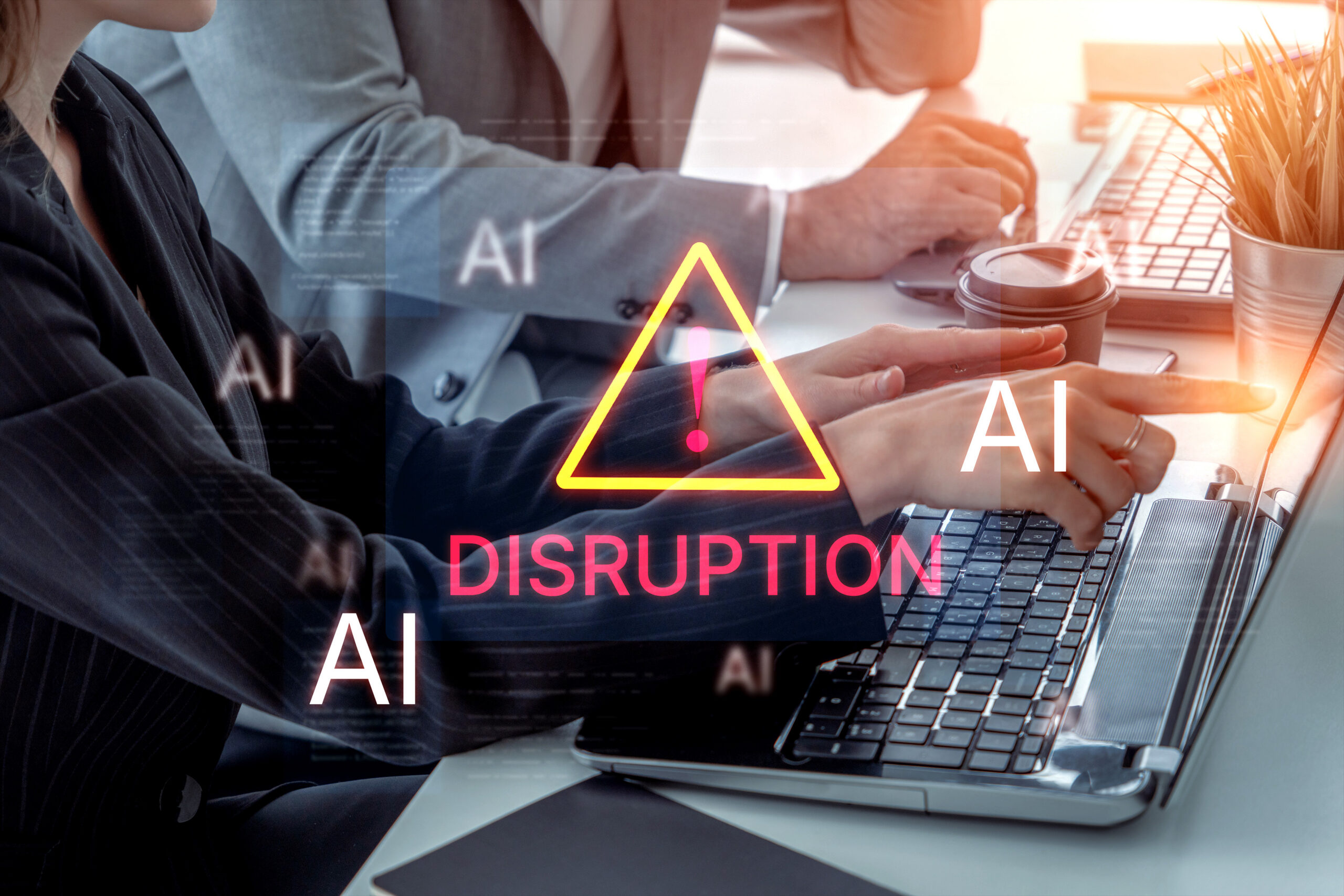 Disruption warning future of work, featuring AI agents replacing human jobs. Represents labor unemployment, corporate automation cost shift, and need for new career reskilling and upskilling. Corpus
