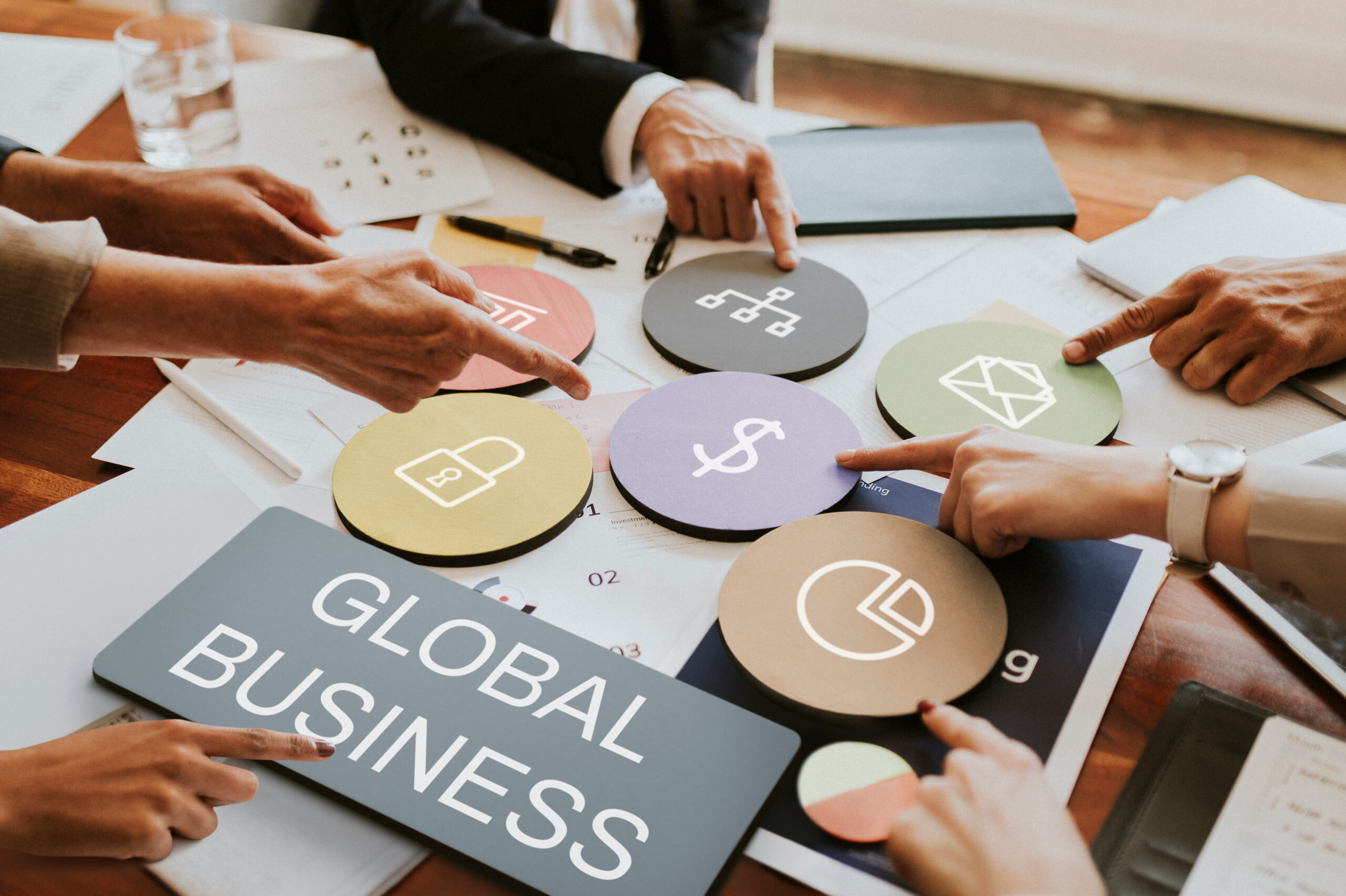 Global business word team brainstorming meeting session