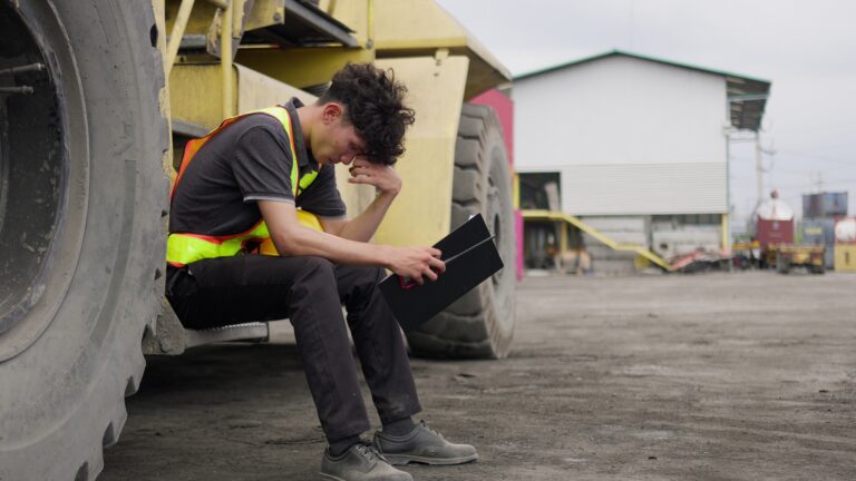 A stressed engineer reviewing a difficult report at an industrial site, sitting on heavy machinery and showing signs of workplace burnout and pressure.