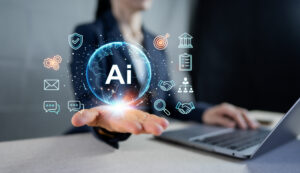 Businesswoman holding global AI hologram icon for digital transformation and futuristic technology