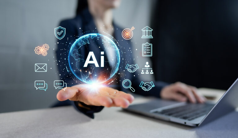 Businesswoman holding global AI hologram icon for digital transformation and futuristic technology