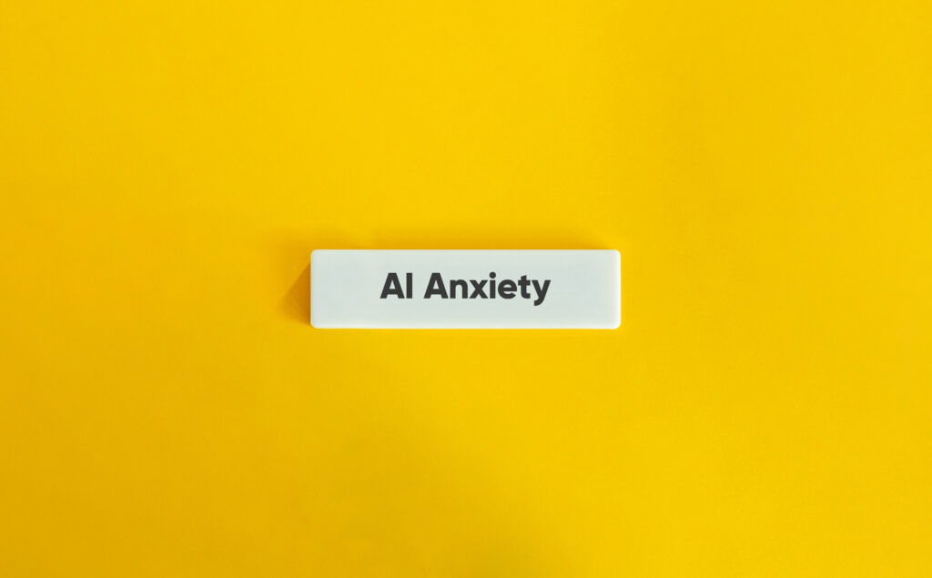 AI Anxiety Mental Health Artificial Intelligence Future Stress Technology Fear Psychological Impact Workplace Uncertainty Automation Concern Digital Wellness Concept Yellow Background