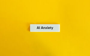 AI Anxiety Mental Health Artificial Intelligence Future Stress Technology Fear Psychological Impact Workplace Uncertainty Automation Concern Digital Wellness Concept Yellow Background