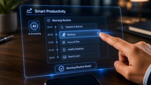 Ai powered productivity app interface with personalized morning routine scheduling on a transparent display