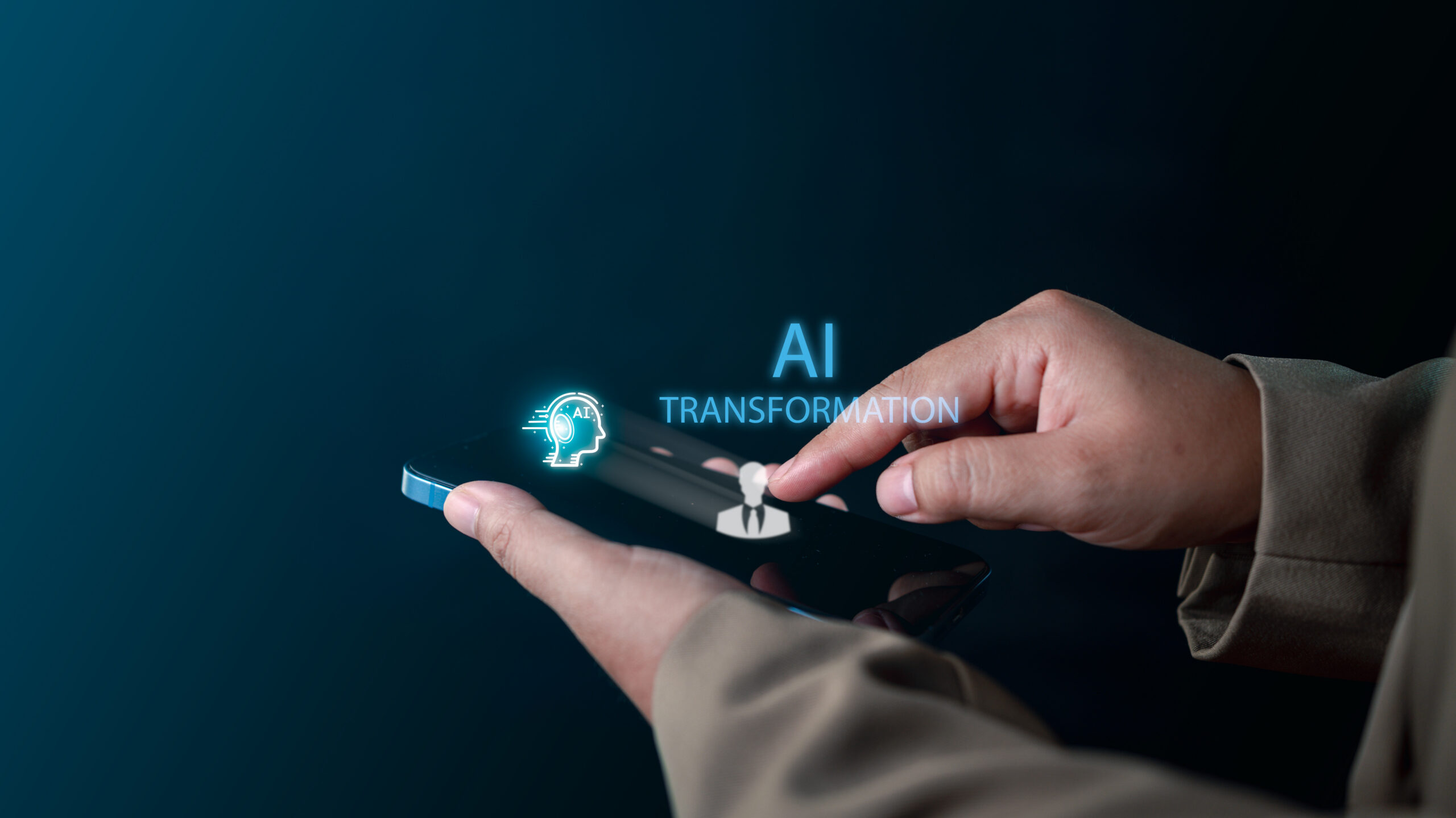 Businessman touches AI transformation on a smartphone screen, perfect for illustrating the future of digital technology