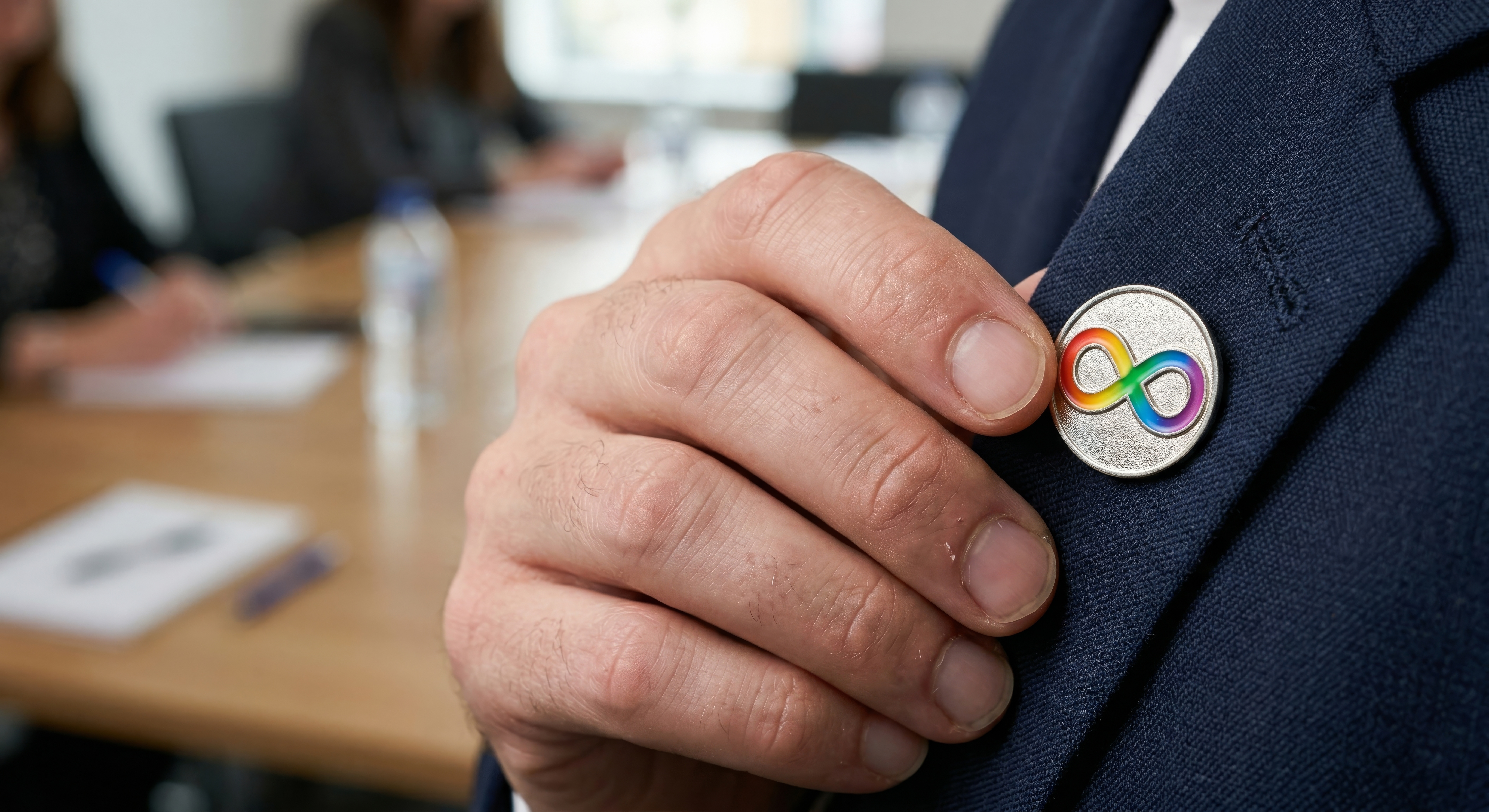 Person wearing autism infinity symbol pin on suit jacket lapel during business meeting, promoting neurodiversity