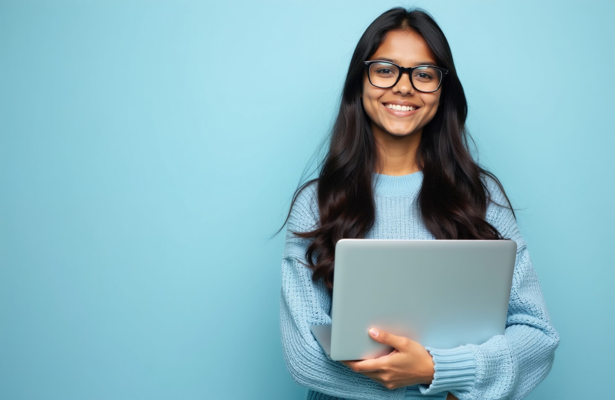 Young Indian woman with glasses smiles holding laptop. She wears blue sweater. Confident student ready for work or study. Person works on computer against blue background.