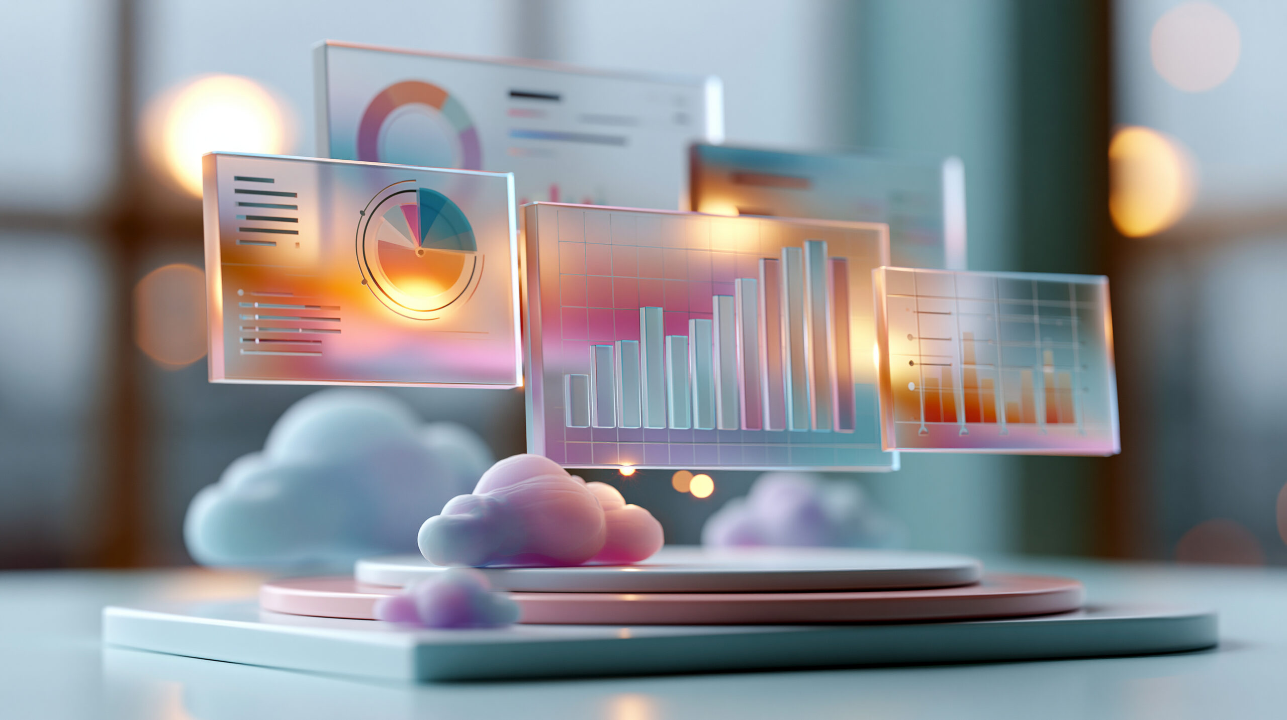 A floating composition of glowing softly defocused data visualization panels hovers above a clean bright pastel platform with soft cloud icons data decisions faceless concept