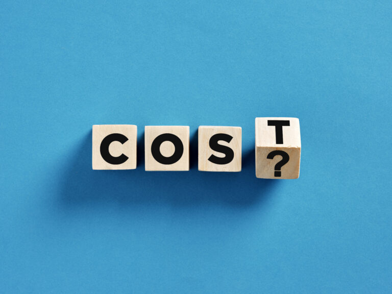 Asking the real cost question using wooden cubes on blue background