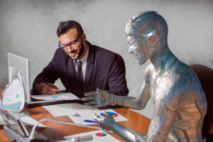 the robot communicates with people at work. Mixed media