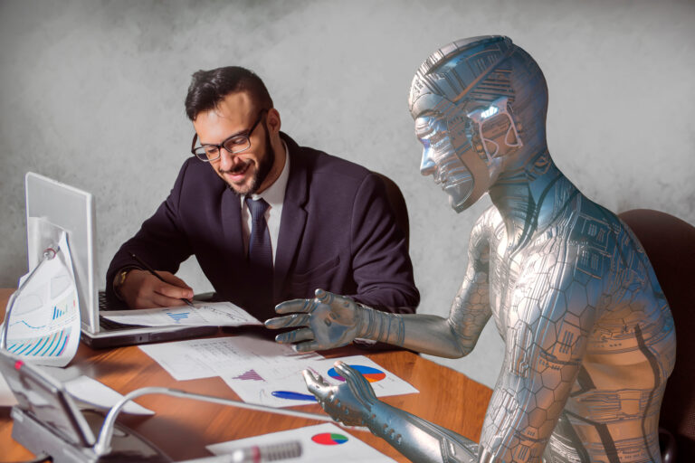 the robot communicates with people at work. Mixed media