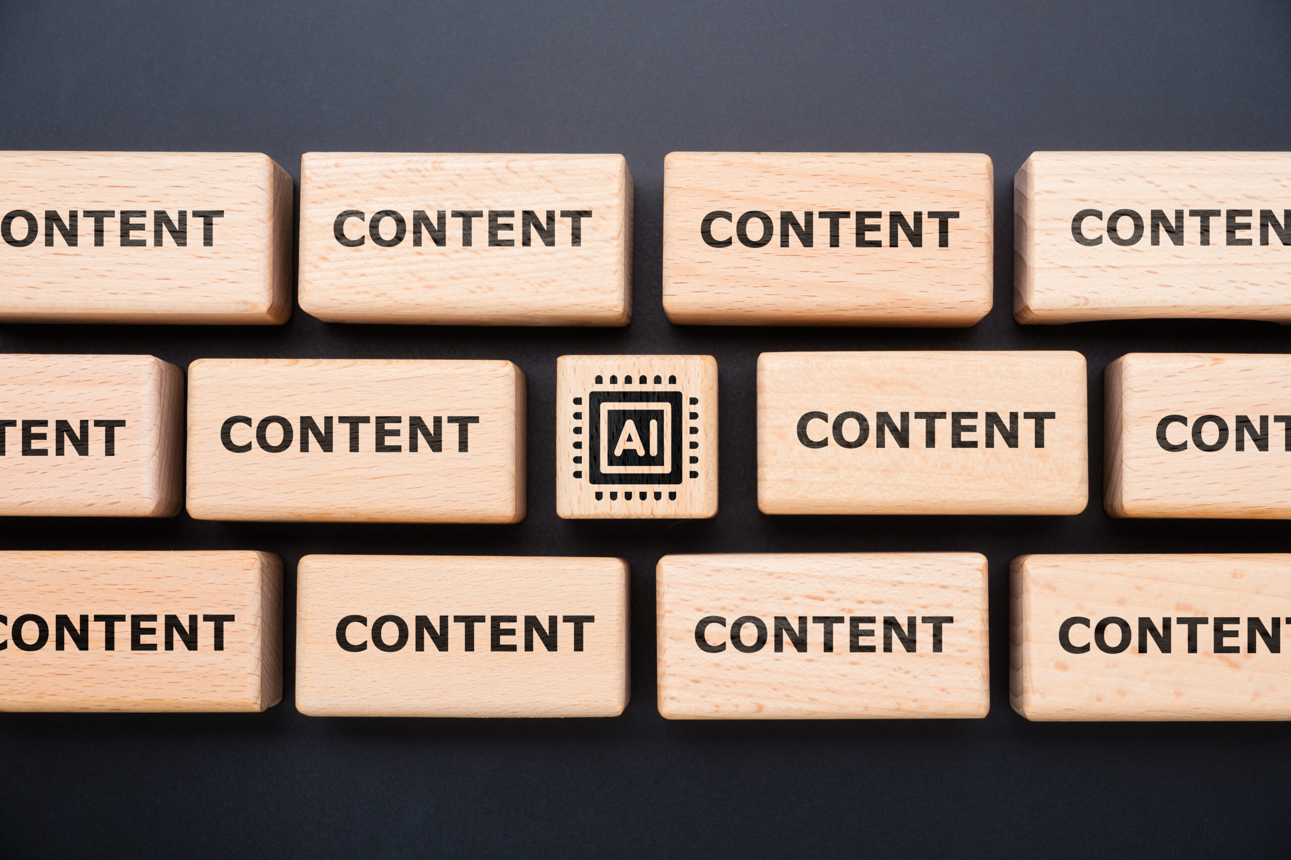 AI content overload concept with repetitive content blocks and central AI