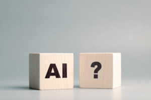 AI text and Question mark symbol on the wooden cubes, confusion about AI, how to use, and ask, questions about AI technology