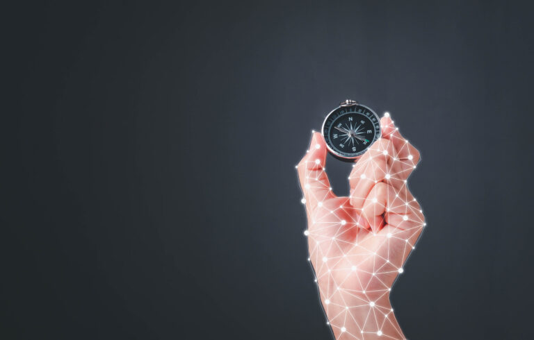 Digital transformation and business navigate recovery concept. Robot hand holding compass navigate using RPA function software program to help proof and detect and synchronize .
