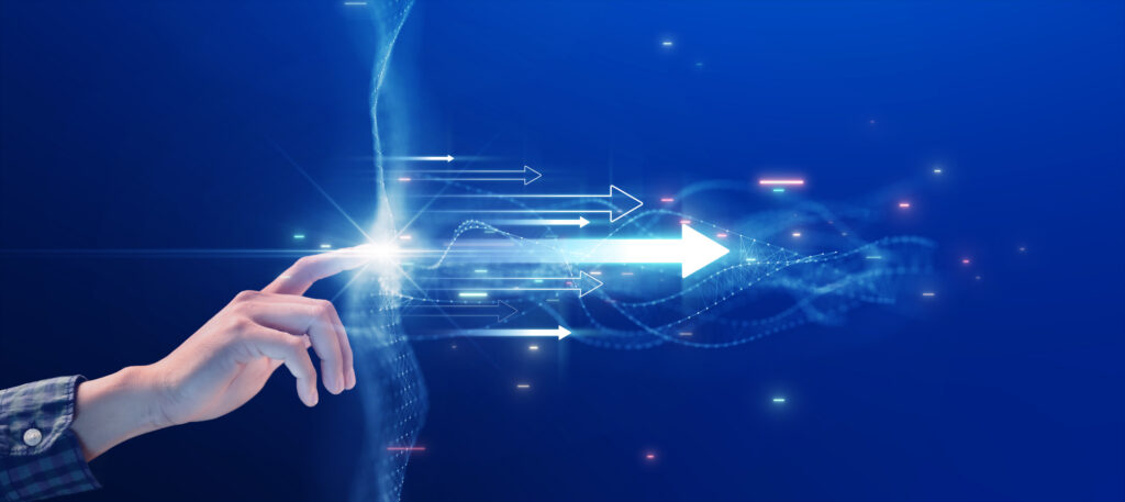Businessman touching a polygon with bright lights and an arrow pointing forward. Finance capital investment economic growth. Digital technology in the era of change.