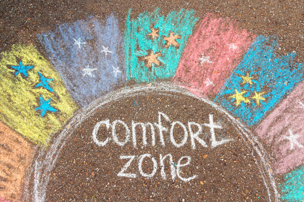 Comfort zone concept. Comfort zone circle surrounded by rainbow